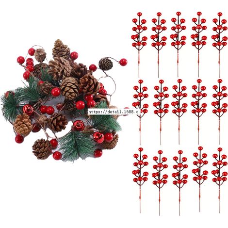 Packung mit 15 21,6 cm großen burgunderroten Obst-Weihnachtszweigdekorationen und 1 Stück Weihnachtsgirlande mit Lichtern (20 Meter, 20 Lichter). (1/3)