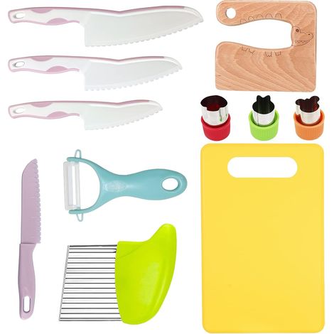 11 pièces couteaux de cuisine en bois pour enfants, set rose incluant couteau enfant en bois, couteau plastique à dents pour tout-petit, coupe-ondulé, emporte-pièce à sandwich, éplucheur Y, planche à (1/5)