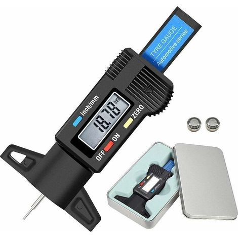 Jauge numérique de profondeur de sculpture des pneus - Jauge LCD métrique/pouce 0-25,4 mm avec boîtier en fer et pile de secours pour voitures, motos, fourgonnettes et camions (1/5)