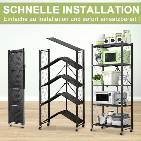 HomeMiYN Klappbares Regal mit Rollen 4 Etagen 5 Etagen Schwerlastregal Standregal Klappbares Küchenregal 71x34x121/159cm Metallregal Schwarz Lagerregal Regal für die Küche Wohnzimmer Büro (5 Etagen) (1/5)