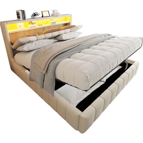 Lit coffre 180x200 cm avec tête de lit LED, ports USB et USB-C, rangement hydraulique sous le sommier, tissu beige résistant pour chambre moderne CHICFURN (1/5)