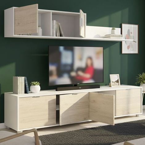 Dmora - Parete attrezzata Winnie, Composizione soggiorno, Mobile salotto multiuso, Armadio porta TV, 200x40 h43 cm, Bianco e Rovere (1/4)