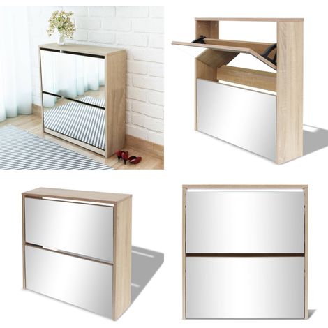 Schuhschrank mit 2 Fächern Spiegel Eiche-Optik 63x17x67 cm - Spiegel-Schuhschrank - Schuhschrank - Flurmöbel - Schuhregal - Garderobe - Home & Living (1/5)