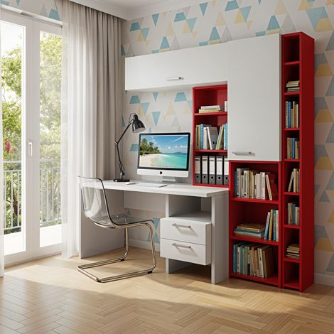 Angolo studio multifunzionale con libreria a profondità variabile e cassettiera integrata - Bianco e Rosso