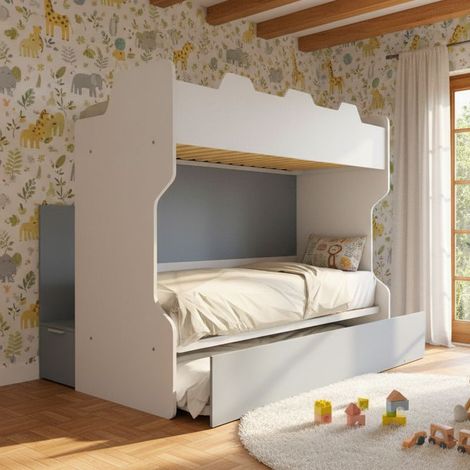Letto a castello con scala contenitore e terzo letto estraibile - Cameretta salvaspazio - Bianco e Avio