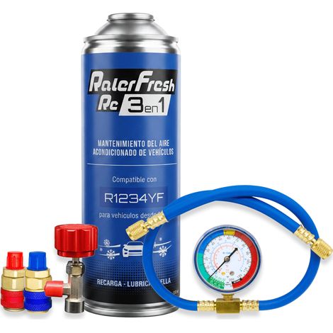 Pack Gas Refrigerante Ralerfresh RC R1234YF 3en1 500ml con Manómetro RF32, llave y conectores