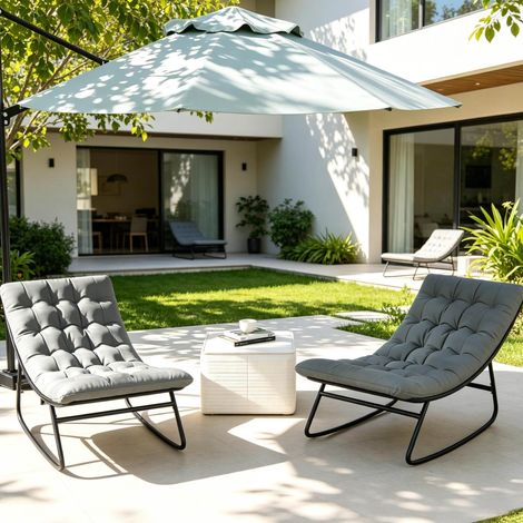 Set de 2 fauteuils à bascule de jardin en acier, coussin gris foncé, OKMYHOME (1/5)