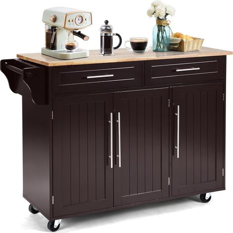 Costway – Desserte de cuisine à roulettes 122 x 46 x 93 cm – Chariot de service en MDF et hévéa – 2 tiroirs, 3 tablettes réglables, porte-serviettes, porte-couteau (1/5)