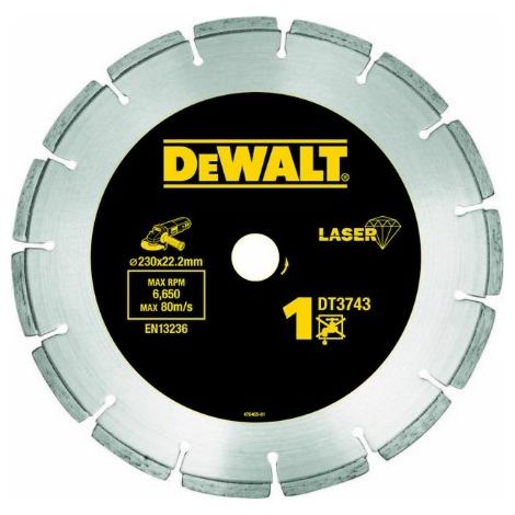 Dewalt – Disque diamant 230mm – Alésage 22,2mm – Épaisseur 2,4mm – Type de coupe à sec – Segments soudés laser pour béton et briques (1/4)