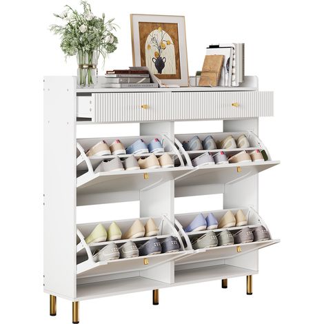 Zapatero con 4 puertas abatibles y 2 cajones, separadores ajustables, con sistema antivuelco, en MDF y tablero de particulas, Blanco, 106.5 x 25 x 105.5 cm (1/5)