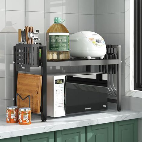 Étagère extensible pour micro-ondes à 2 niveaux, étagère à micro-ondes en acier au carbone, étagère de cuisine debout avec porte-baguettes et support de planche à découper, extensible de 40 à (1/5)