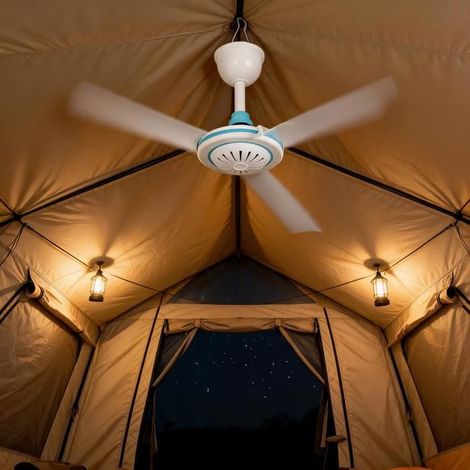 Ventilateur de plafond portable silencieux 12V DC–Mini suspendu pour camping, gazebo, chambre ou dortoir–Blanc et bleu (1/5)