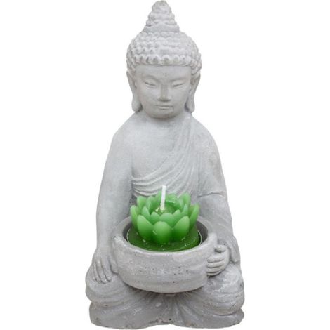 Statue Photophore avec Bougie "Bouddha" 15cm Gris