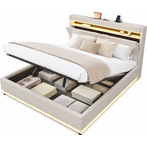 Lit coffre 180x200 cm avec LED, USB-C et rangement hydraulique, tête de lit rembourrée, tissu beige sans matelas  CHICFURN (1/5)