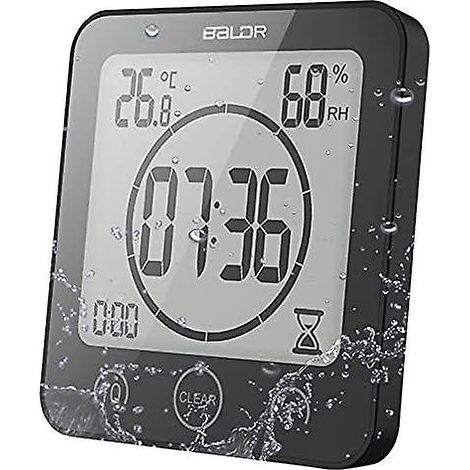 Réveil de salle de bain avec affichage LCD de la température et de l'humidité, étanche, tactile, avec minuteur et compte à rebours. (1/5)