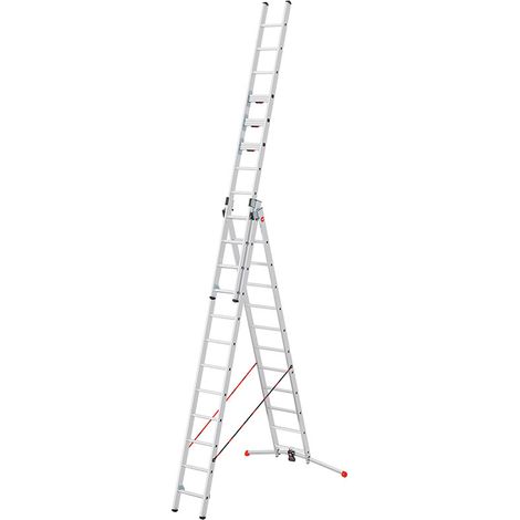 Hailo – Échelle transformable 3 plans 3x12 échelons 8,8m en aluminium – Système de déverrouillage à une main – Stabilité maximale avec sangles anti-écartement
