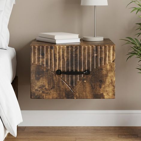 Table de chevet murale en bois d’ingénierie, 1 tiroir, chêne fumé, 34,5 x 33 x 20 cm - PANGIVO (1/5)