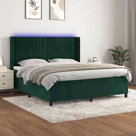 Cama box spring colchón y LED terciopelo verde oscuro 180x200cm (1/5)