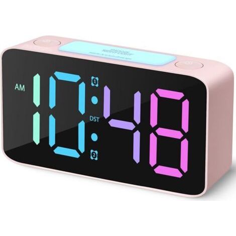 Extrem leistungsstarker Wecker für Erwachsene, Digitaluhr mit 7-farbigem Nachtlicht, einstellbarer Helligkeit, Pink + RGB (1/5)