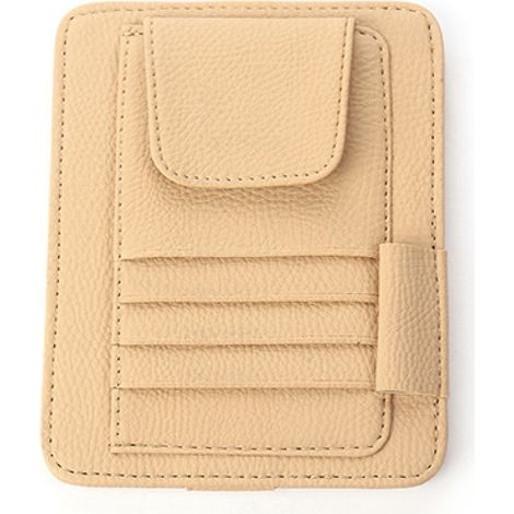 (Beige) Auto-Sonnenblenden-Organizer, universeller Auto-Brillenhalter-Clip mit Leder-Aufbewahrungsfächern