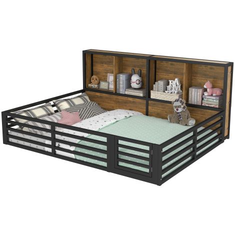 Lit banquette avec barrières de sécurité, base plateforme, table de chevet avec rangements, sommier à lattes (matelas non inclus), barrières métalliques