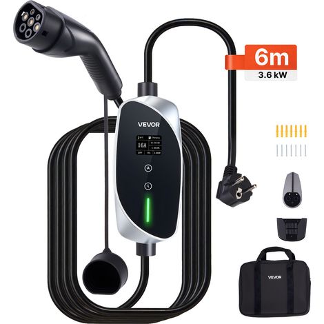 Chargeur Voiture Électrique 3,6 kW Borne Recharge Véhicule Électrique Mobile 16 A avec Câble Recharge Type 2 6 m, Prise Schuko 16 A Monophasé, Écran LCD, Courant Réglable, Boîtier Commande IP66 (1/5)