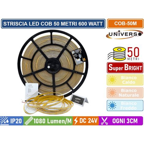 UNIVERSO STRISCIA LED SMD COB BOBINA DA 50 METRI 12W/M 24V MONOCOLORE 600WATT 54000 LUMEN IP20 - COLORE LUCE : BIANCO FREDDO