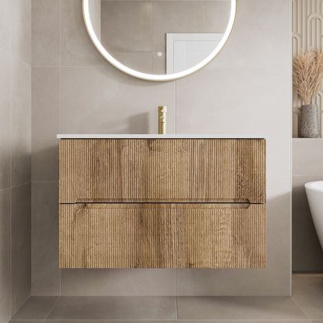800mm Bathroom Cloakroom Vanity Unit Basin Sink Wall Hung Fluted Oak Fluted Unit (1/5)