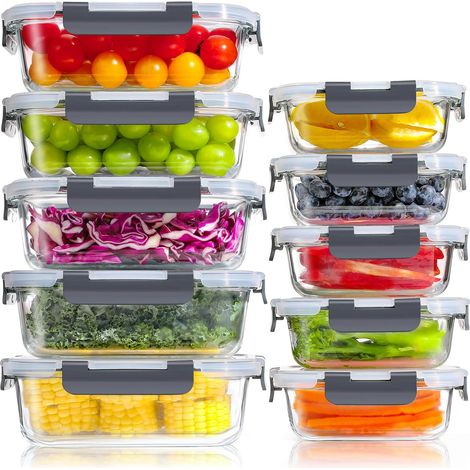 Boite Alimentaire Verre avec Couvercle Hermétique - Lot de 10 Lunch Box Verre Réutilisables, Sans BPA, Compatibles Micro-ondes, Four, Lave-vaisselle, Congélateur (1/5)