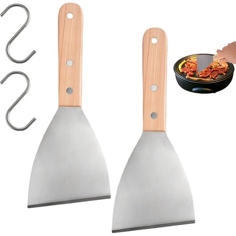 2 Pièces Spatule Plancha avec 2 Crochets en S, 23.5 x 10 cm Spatule Plancha Inox avec Manche en Bois, pour Barbecue, Pizza et Teppanyaki (1/5)