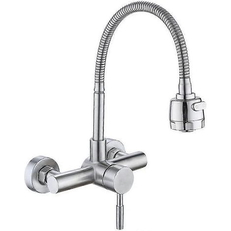 Robinet de cuisine mural pivotant à 360° avec douchette, mitigeur eau chaude/eau froide pour évier, levier unique (1/5)