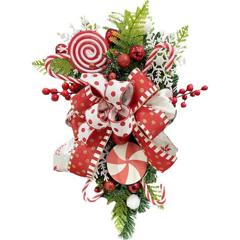 Weihnachtskranz in Form einer Zuckerstange, tropfenförmige Weihnachtsgirlande, rot-weiße Weihnachtsdekoration mit Kugeln, dekorative Girlande für Wände und Türen. (1/5)