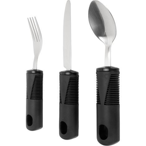 Ensemble de 3 ustensiles de cuisine en acier inoxydable avec large manche en caoutchouc (cuillère et fourchette) (1/5)