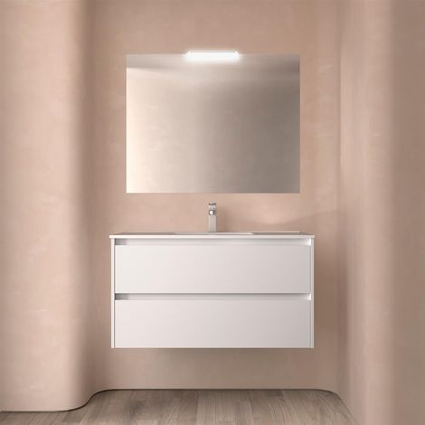 Meubles de salle de bain NOJA 1000 2 tiroirs WHITE SATIN + lavabo + miroir (1/2)