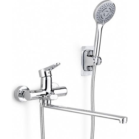 Mitigeur de baignoire avec douchette à main, robinet de baignoire avec long bec de 30 cm, mitigeur de baignoire en laiton chromé (argent) (1/5)