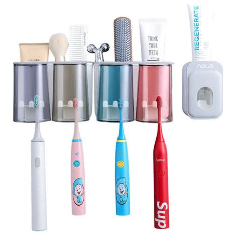 BUNTHAUS Support mural pour brosses à dents avec 4 gobelets et compartiments de rangement (1/5)