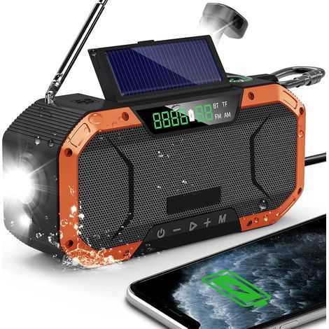 Radio D'Urgence AM FM - Haut-Parleur Bluetooth Portable - Lampe LED Torche - Panneau Solaire - Manivelle Dynamo - Banque D'Énergie 5000 mAh - Pour Camping Extérieur