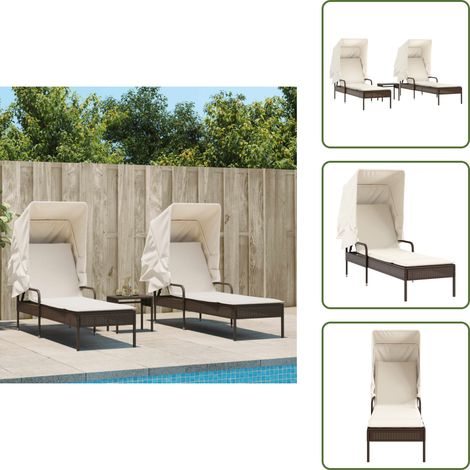 The Living Store Sonnenliegen 2 Stk. mit Dach und Tisch Braun Poly Rattan - Sonnenliege mit Dach