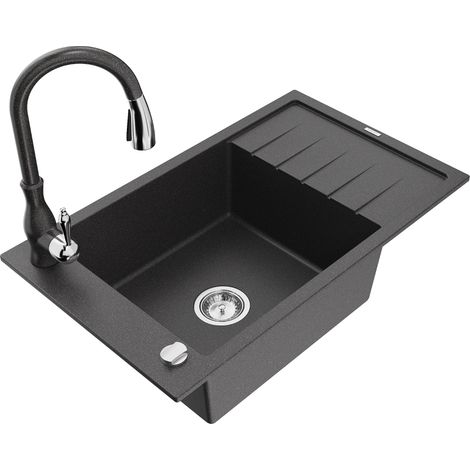 Mexen Elias fregadero de granito de 1 cubeta con escurridor y grifo de cocina Savita, negro moteado - 6511-76-672601-76 (1/5)