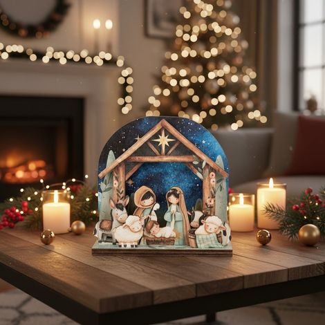 Presepe in legno con illuminazione per decorazione natalizia 20 x 20 cm (1/3)