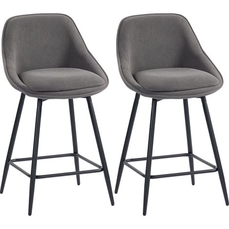 Ensemble de 2 tabourets de bar avec revêtement en velours côtelé et pieds en acier, chaises rembourrées pour îlot de cuisine, salle à manger, gris