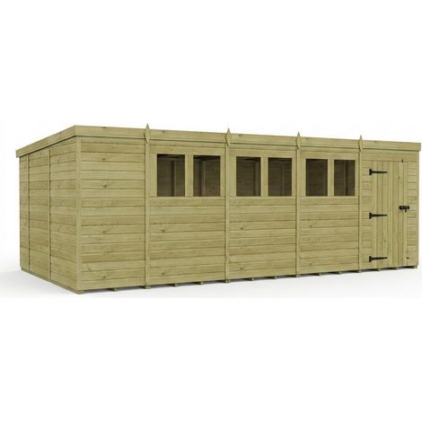 19ft x 10ft Pent Garden Shed Single Door With Windows - Pressure Treated Timber - L579 x W305 x H210 cm - Natural