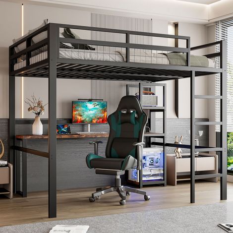 Lit mezzanine 140x200 avec bureau - Prise électrique et port USB-C - Structure fer, étagères , noir (Sans matelas) (1/5)