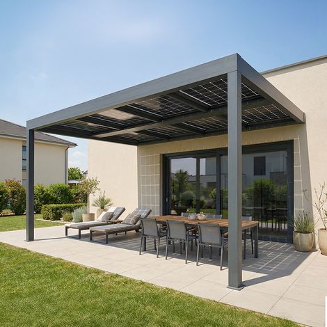 Pergola solaire photovoltaïque HELIOLITE (Gris anthracite RAL 7016 - 8 panneaux 4000 W - 4.642 x 4.00 m) (1/5)