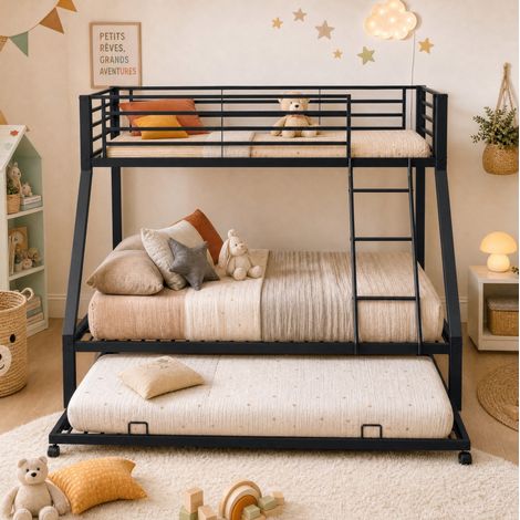 Letto a castello 90x200/140x200 cm nero in metallo con letto estraibile e scala inclinata (1/5)