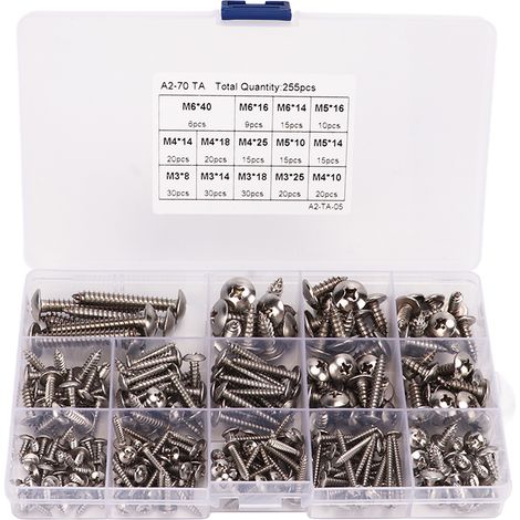 Lot de 255 vis autotaraudeuses tête fraisée cruciforme, acier inoxydable 304, tôlerie M3 M4 M5 M6 (1/5)