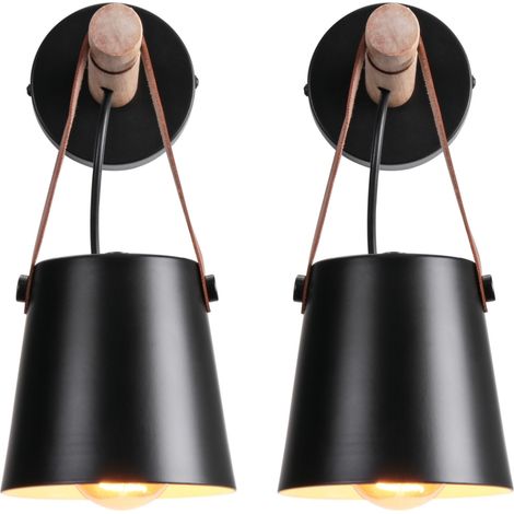 E27 Vintage Wall Light Wooden Metal Leather Wall Lamp Adjustable Black Wall Sconce - 2-pack