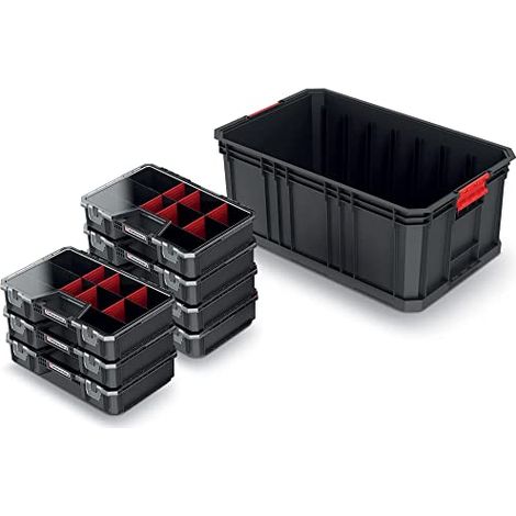 Set de 7 scatole organizer per minuteria + decassetta portautensili con divisori, 520 x 329 x 210 mm