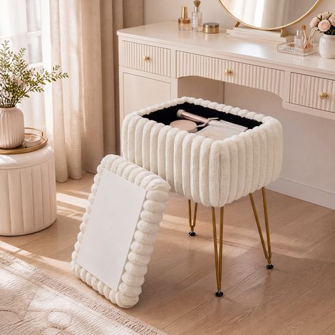 2-en-1 Tabouret de Coiffeuse à Couvercle Réversible Pouf Rangement en Fausse Fourrure avec Compartiment et Pieds Métal, Charge160 kg, Beige (1/5)
