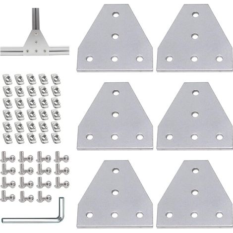 Plaques de Support d'Angle en Forme de T 6 Pcs Support d'Angle Plat pour Profil en Aluminium 3030 - Fente de 7 mm - Avec écrous en T M6, vis M6, clé à molette de 4 mm (1/5)